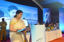 Union Minister for Human Resource Development Smriti Irani addressing at the inaugural function of the permanent campus of Indian Institute of Science Education and Research in Thiruvananthapuram on January 14, 2016