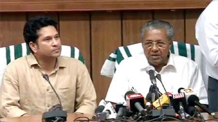 Sachin Tendulkar and Pinarai Vijayan addressing press conference in Thiruvananthapuram on Wednesday