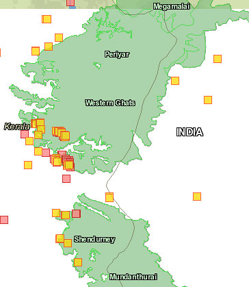 Fire map showing fires detected in Periyar Tiger Reserve and Shenthuruney Wildlife Sanctuary during the past 48 hrs.