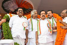 Sudheeran, Chandy, Chennithala at the start of Jana Raksha Yatra on Monday